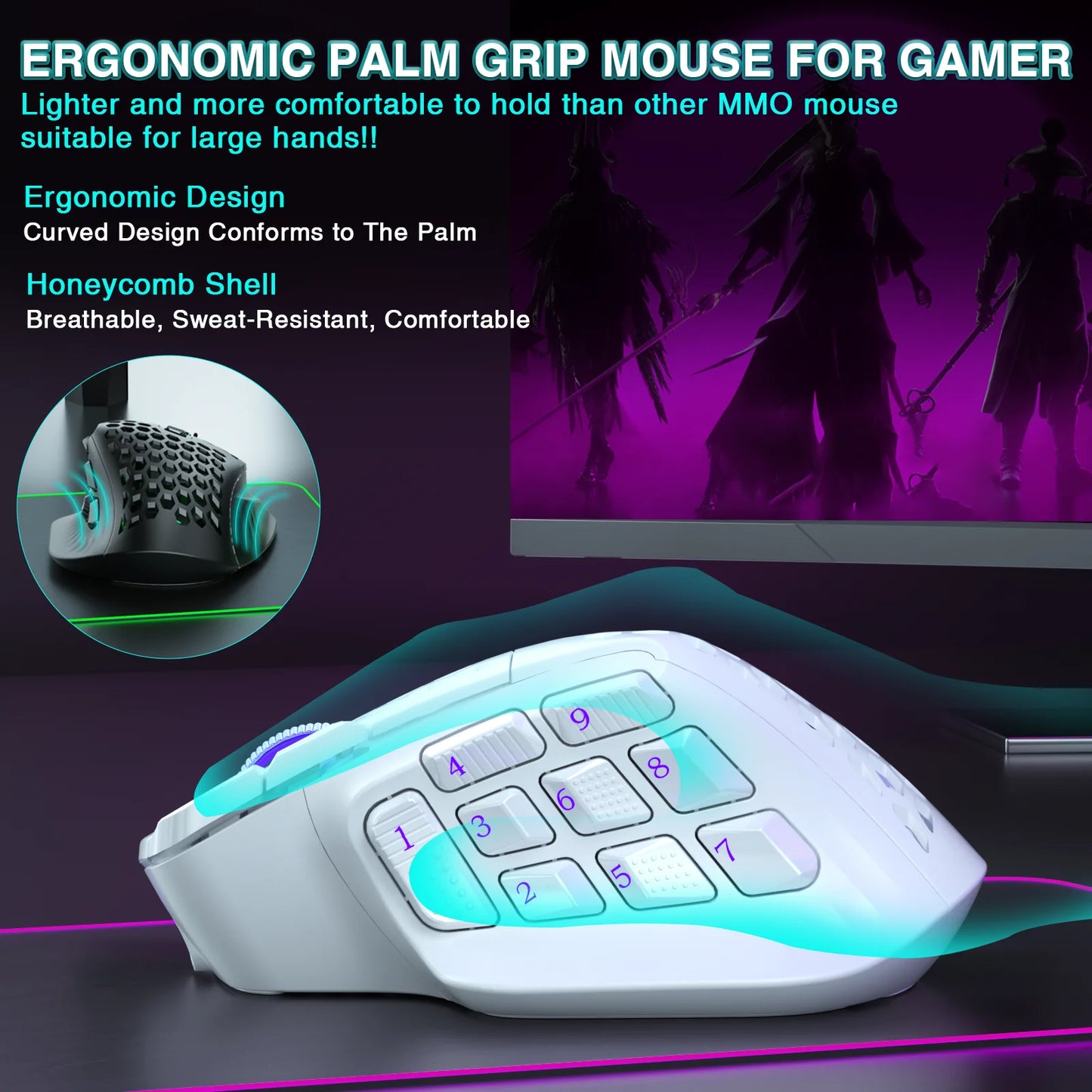 SOLAKAKA SM809 Pro Wireless MMO Gaming Mouse – 16 Programmable Side Buttons, 24,000 DPI, RGB Honeycomb Design