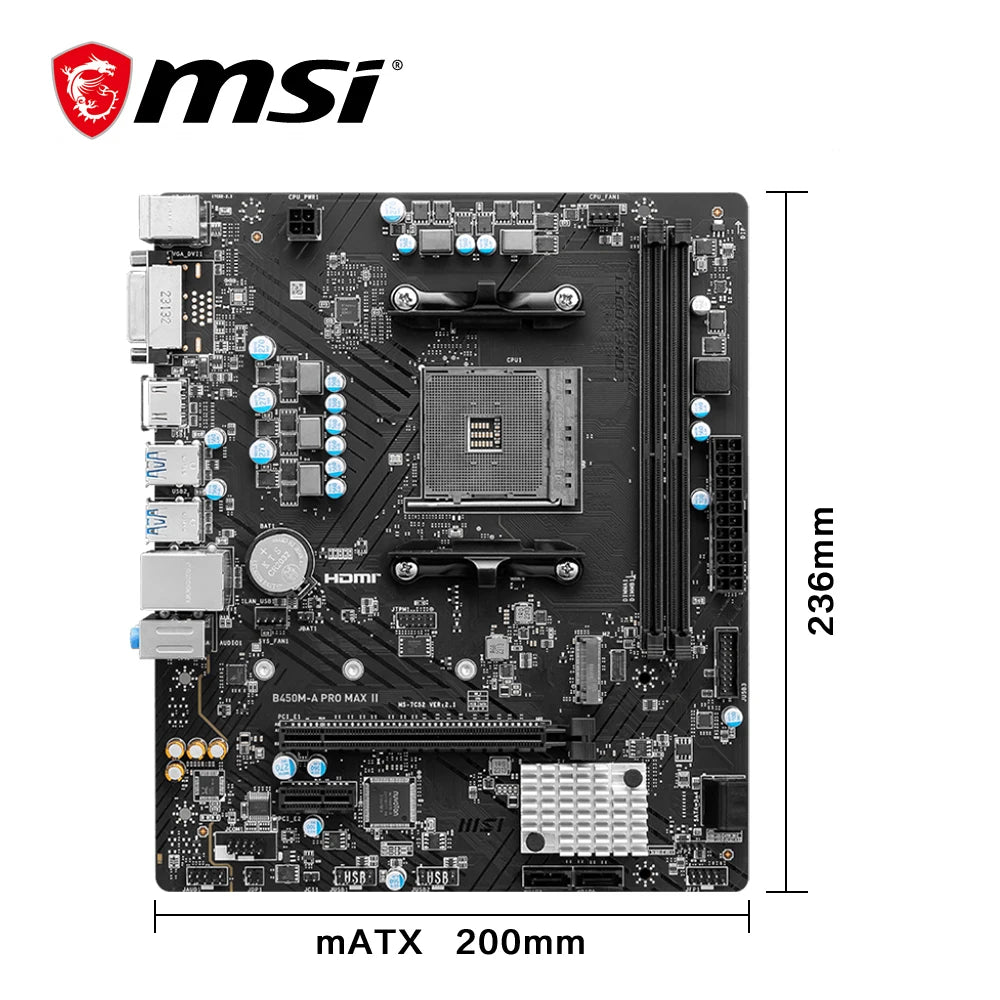 MSI B450M-A PRO MAX II Micro-ATX Motherboard – AM4 Socket, Dual-Channel DDR4, M.2 NVMe, Ryzen 5000/4000/3000 Series Support