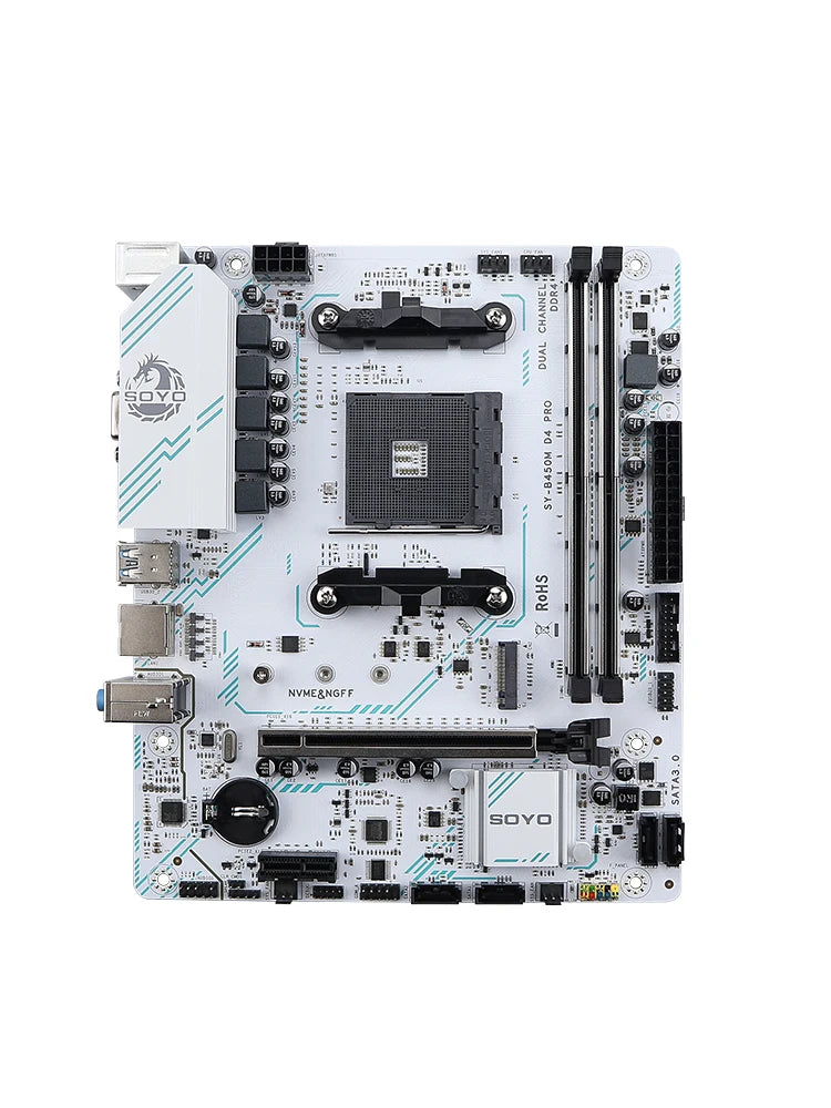 SOYO AMD B450M Game Motherboard – AM4 Socket, Dual-Channel DDR4, M.2 NVMe, Supports Ryzen 5000/4000/3000 Series CPUs