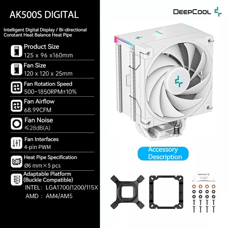 DeepCool AK500S Digital Display CPU Cooler 5 Heat Pipes TDP 240W Cooling ATX PC Radiator for LGA1700/1200/115X AM4 AM5