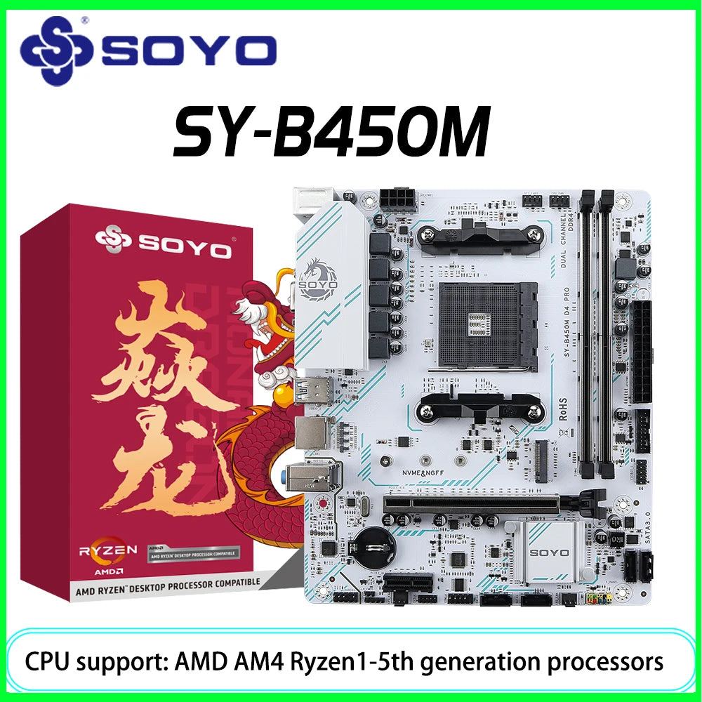 SOYO AMD B450M Game Motherboard – AM4 Socket, Dual-Channel DDR4, M.2 NVMe, Supports Ryzen 5000/4000/3000 Series CPUs