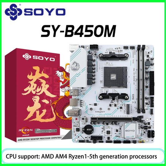 SOYO AMD B450M Game Motherboard – AM4 Socket, Dual-Channel DDR4, M.2 NVMe, Supports Ryzen 5000/4000/3000 Series CPUs