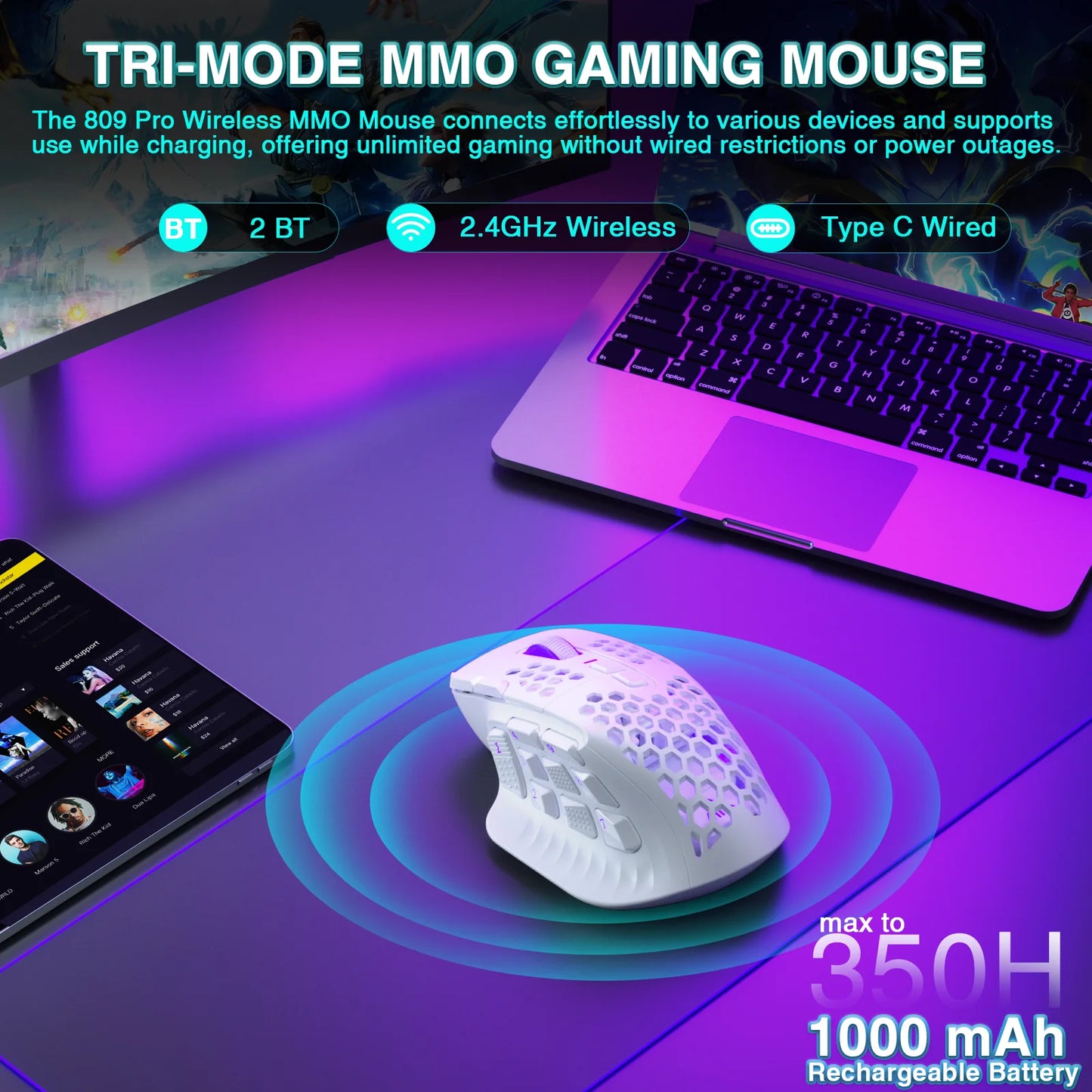 SOLAKAKA SM809 Pro Wireless MMO Gaming Mouse – 16 Programmable Side Buttons, 24,000 DPI, RGB Honeycomb Design