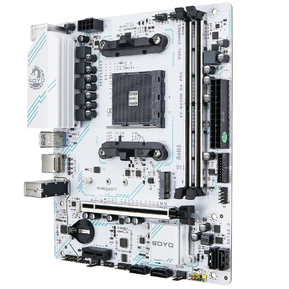 SOYO AMD B450M Game Motherboard – AM4 Socket, Dual-Channel DDR4, M.2 NVMe, Supports Ryzen 5000/4000/3000 Series CPUs