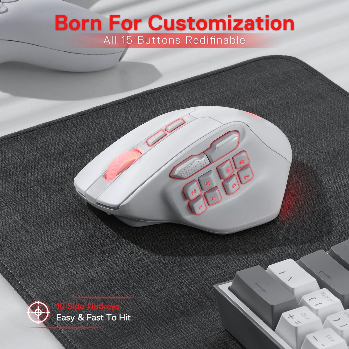 Redragon M811 PRO Wireless MMO Gaming Mouse – 15 Programmable Buttons, 10 Side Macro Keys, RGB