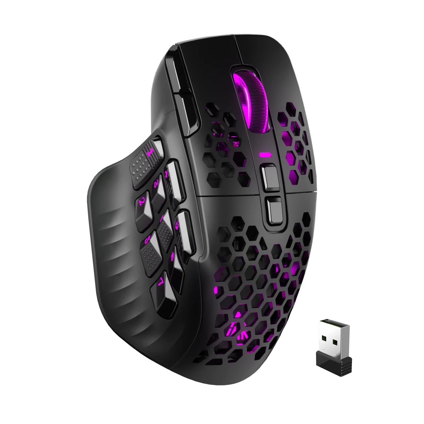SOLAKAKA SM809 Pro Wireless MMO Gaming Mouse – 16 Programmable Side Buttons, 24,000 DPI, RGB Honeycomb Design