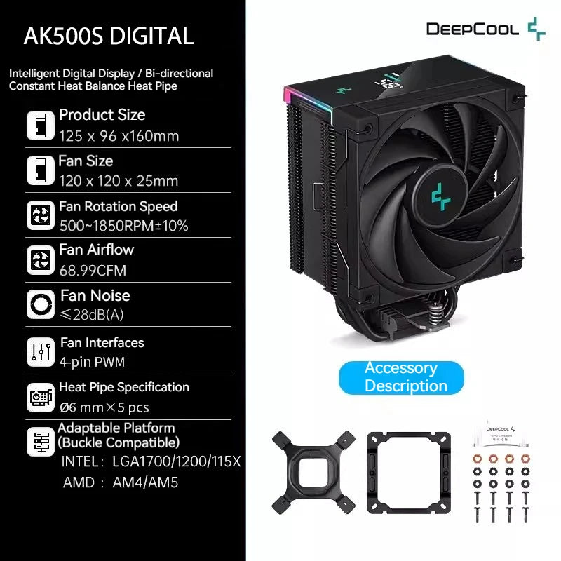 DeepCool AK500S Digital Display CPU Cooler 5 Heat Pipes TDP 240W Cooling ATX PC Radiator for LGA1700/1200/115X AM4 AM5