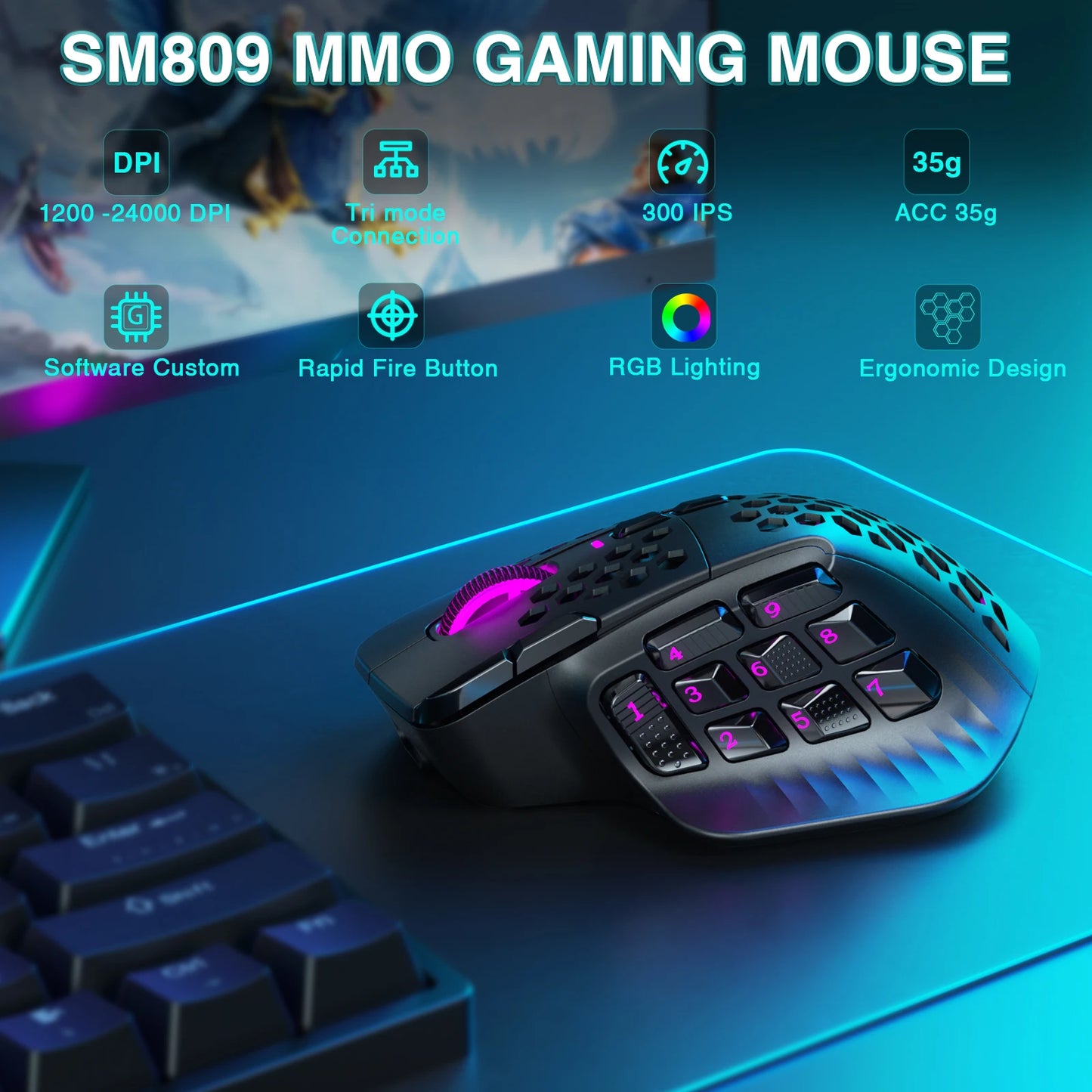 SOLAKAKA SM809 Pro Wireless MMO Gaming Mouse – 16 Programmable Side Buttons, 24,000 DPI, RGB Honeycomb Design