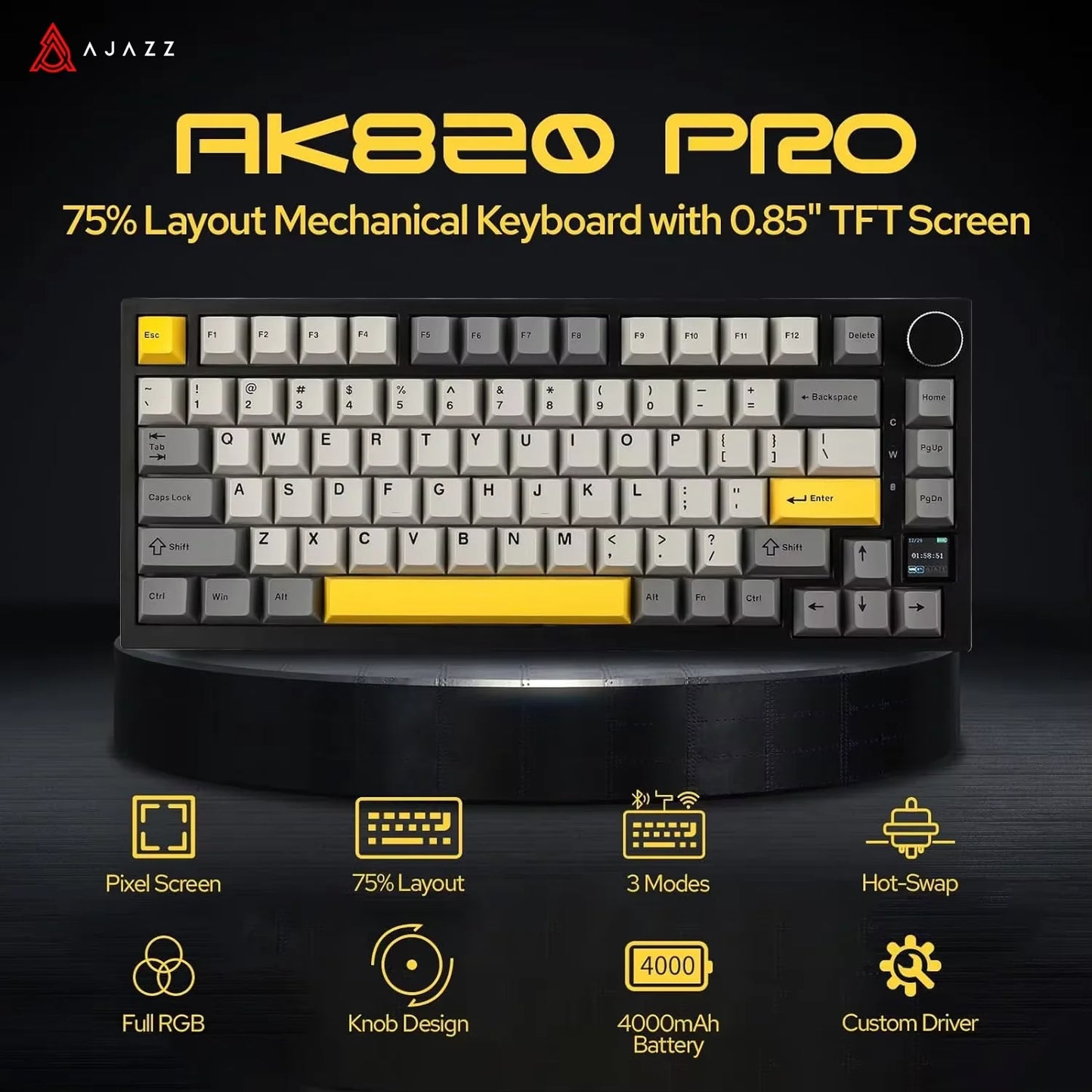 Ajazz AK820 / AK820 Pro Gaming Mechanical Keyboard – Bluetooth 5.1 / Wireless / Type-C Wired, Hot-Swappable with Knob & Gasket Mount