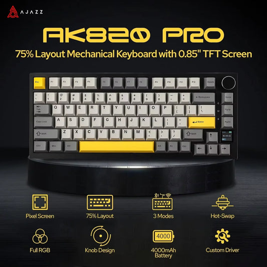 Ajazz AK820 / AK820 Pro Gaming Mechanical Keyboard – Bluetooth 5.1 / Wireless / Type-C Wired, Hot-Swappable with Knob & Gasket Mount