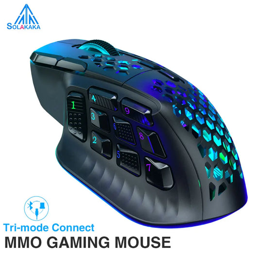 SOLAKAKA SM809 Pro Wireless MMO Gaming Mouse – 16 Programmable Side Buttons, 24,000 DPI, RGB Honeycomb Design
