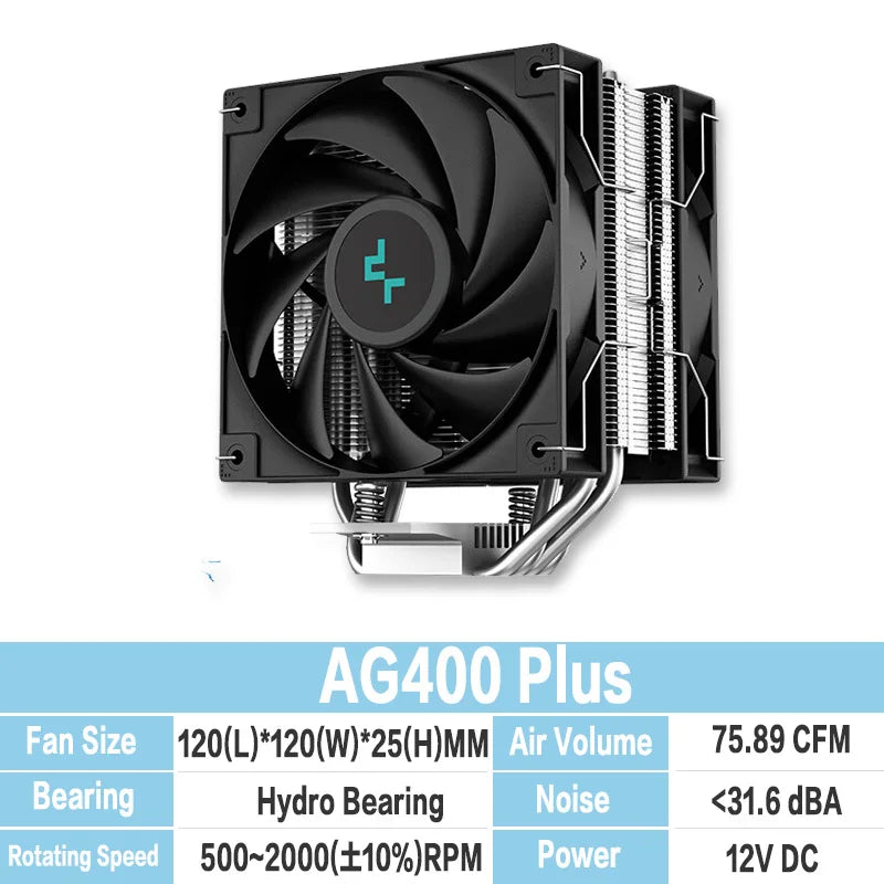 DEEPCOOL AG400 PLUS – 4 Heat Pipes, Dual 120mm Fans, 2000RPM, High-Performance Air Cooling, Supports Intel LGA 1700/1200/115X & AMD AM4/AM5