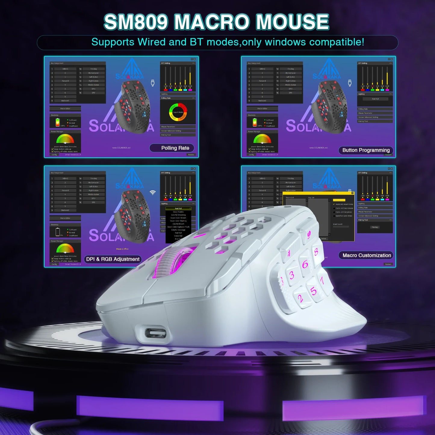 SOLAKAKA SM809 Pro Wireless MMO Gaming Mouse – 16 Programmable Side Buttons, 24,000 DPI, RGB Honeycomb Design